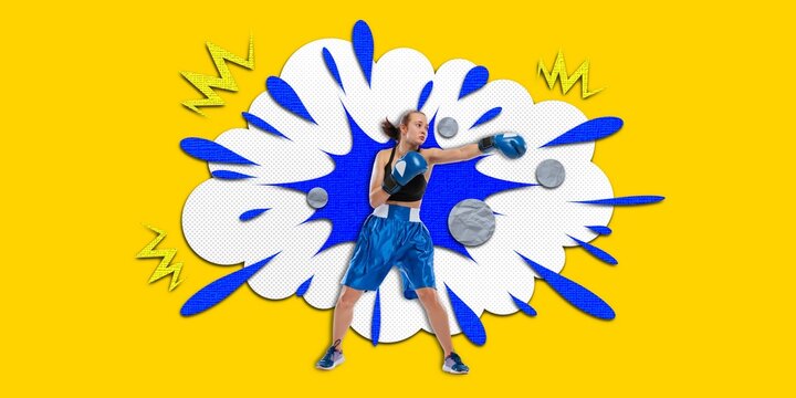 Young athletic woman, boxer in motion, fighting over colorful background. Pop art. Contemporary art collage. Concept of professional sport, competition, championship, action. Creative poster - Powered by Adobe