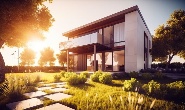 Modern house view from the street. A rendering of a modern house in the sunset