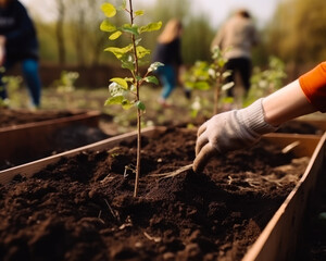 Fototapeta premium People planting trees or working in a community. A group of people working in a garden