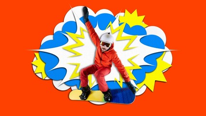 Active sportsman, snowboarder in sportswear snowboarding over bright background. Pop art. Contemporary art collage. Concept of Winter sports, speed, energy, extreme sport. Creative poster