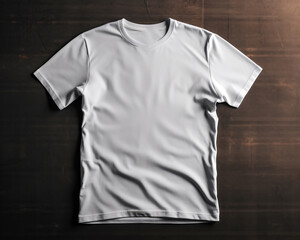 White Male T-shirt Mockup. A white t - shirt sitting on top of a wooden table