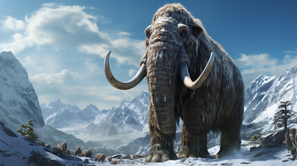 closeup mammoth trudges over snow covered hills. woolly mammoth, prehistoric ice age. generative ai - obrazy, fototapety, plakaty