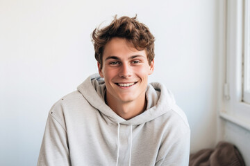 A young man wearing a grey hoodie smiles for the camera