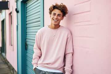 A young man in a pink sweatshirt leans against a pink wall