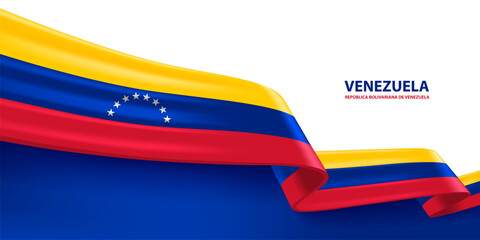 Venezuela 3D ribbon flag. Bent waving 3D flag in colors of the Venezuela national flag. National flag background design.