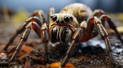 common house spider on a smooth tile floor seen from ground level in a kitchen. generative ai