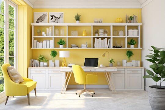Interior of stylish office with modern workplace, desk and yellow wall