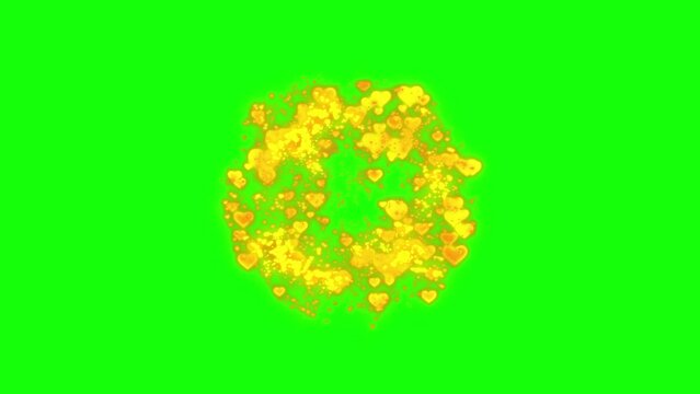 4K Golden hearts explosion on a a Black, Green, Blue Background.