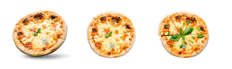 Four Cheese Pizza on Dark Background, Freshly Baked Pizza on White Background