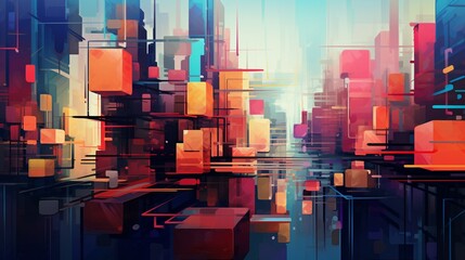 An AI-generated abstract cityscape with geometric shapes, bold lines, and a vibrant color palette that exudes modernity and innovation.