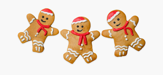 Gingerbread Man cookies, Christmas cookie Decorated with Icing on White Background