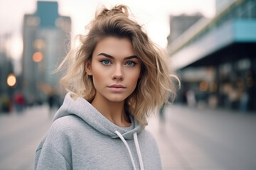 Fototapeta premium A woman wearing a grey hoodie looks at the camera
