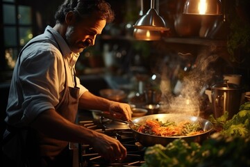 Male chef prepares a delicious, healthy dish