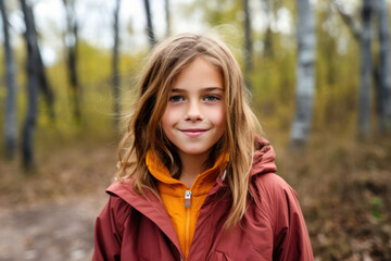 Fototapeta premium A young girl wearing a red jacket and a yellow hoodie smiles for the camera