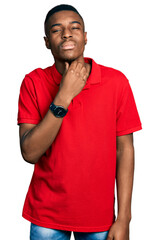 Young african american man wearing casual red t shirt touching painful neck, sore throat for flu, clod and infection