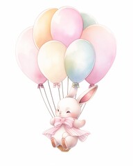 Adorable bunny on balloon, pastel colorful illustration for kids and greeting cards isolated on white background.