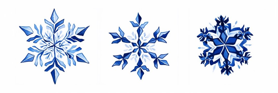 Set of three dark blue watercolor snowflakes illustration isolated on white background.