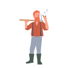 Male gold digger cartoon character smoking pipe holding pickaxe on shoulder taking rest during work