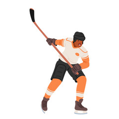 Hockey Player Character, Clad In Gear, Skates Swiftly Across The Ice, Stick In Hand, Determined And Focused
