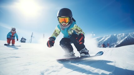 Fototapeta na wymiar Kid on a snowboard.