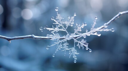  a close up of a tree branch with snow on it and a blur background of a tree branch with snow on it.
