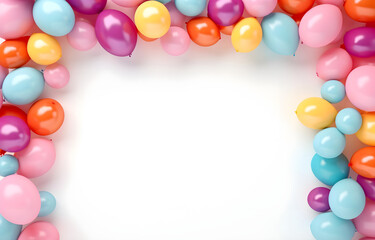 Fototapeta na wymiar colorful balloons frame for birthday party celebration with empty copy space in center on light background soft light top view