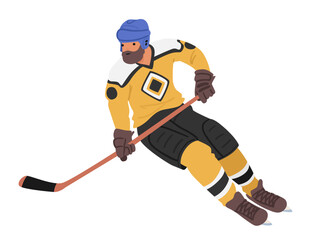 Determined Hockey Player, Clad In Gear And Holding A Stick, Swiftly Glides Across The Ice. Focused Athlete Character