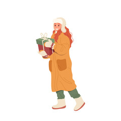 Young excited woman happy cartoon character walking with festive Christmas or Valentine day gift box