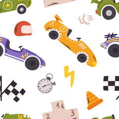 Lively Seamless Pattern Featuring Vibrant Race Cars Speeding Across The Design, Creating An Energetic And Dynamic Tile © Anna Syvak