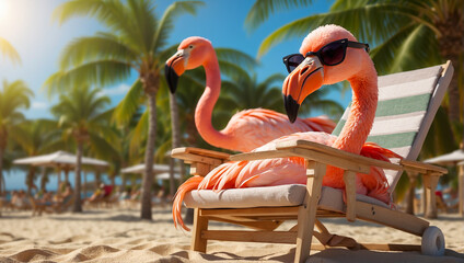 Cute cartoon funny flamingo, sunglasses, beach, palm trees