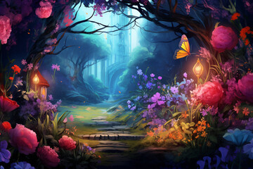 Obraz na płótnie Canvas scene, world, foggy forest with blooming flowers