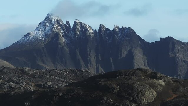 Gloomy Lofoten: Aerial View with Mountain Backdrop on a Low-Light Day - Drone Shot