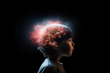 An image of a kid with bright lights emanating from the brain region on a black backdrop, symbolizing the diversity of neural connections
