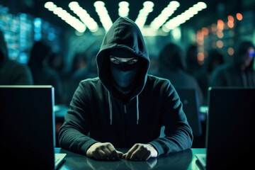 Faceless hacker wearing a hood and sunglasses typing malicious code on a laptop, online attack, cyber espionage, hacking skills, computer crime, internet fraud, digital warfare