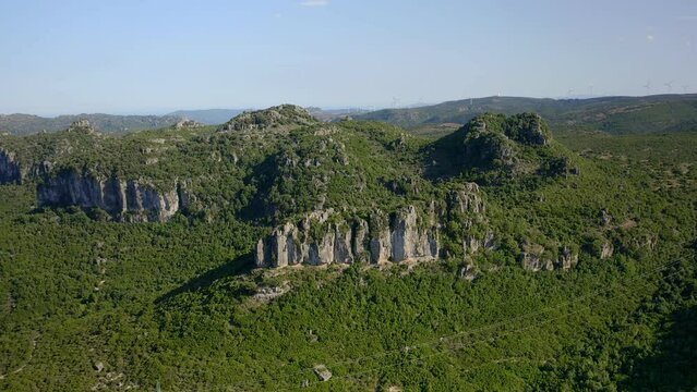 Aerial drone view of wild mountain landscape of Sardinia near Jerzu, Italy