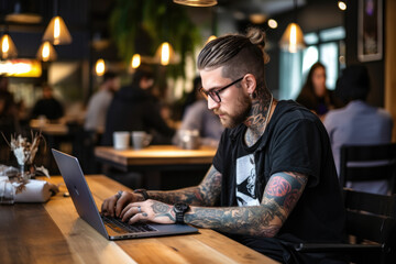 A man with tattoos is typing on a laptop - Powered by Adobe