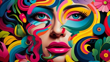 Fototapeta na wymiar An artistic portrait of a woman showcasing colorful makeup and fashion elements, creating a vibrant and stylish composition
