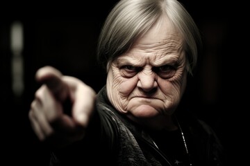 A humorous half-length portrait of a woman, her face adorned with a funny expression, playfully pointing her finger to the side