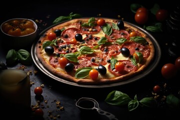 Savory pizza adorned with olives and fresh greens on a dark backdrop, a delicious culinary composition