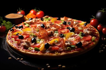 A tempting pizza featuring olives and vibrant greens, set against a rich, dark background, an irresistible culinary masterpiece