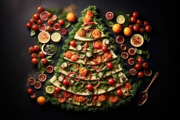 Festive joy embodied: a Christmas tree-shaped pizza, adorned with savory toppings, a delicious centerpiece for holiday gatherings