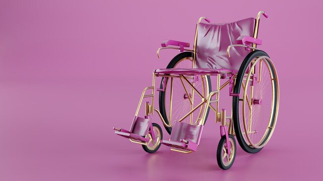 3D render of pink and gold whellchair isolated on colored background, Hospital Wheelchair