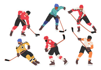 Swift Hockey Players On Ice. Characters Clad In Vibrant Jerseys, Fiercely Pursue The Puck. Sticks Clash, Faces Masked