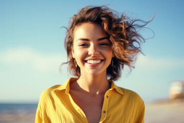 A woman in a yellow shirt smiles with her hair blowing in the wind