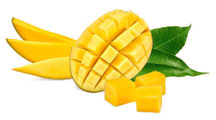 flying sliced mango with green leaves isolated on white background. exotic fruit. clipping path