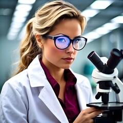 Woman Technologist with Microscope and Lab Coat Generative AI