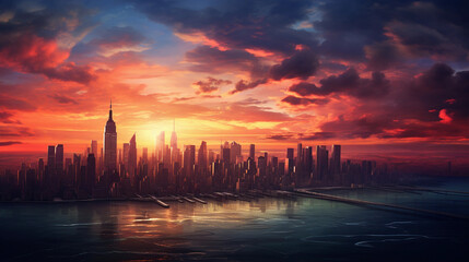 Fototapeta na wymiar Manhattan Sunset: The City that Never Sleeps in Golden Hues