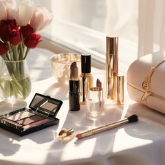 Fresh tulips accompany an array of cosmetic products on a sun-kissed table, symbolizing beauty and care - obrazy, fototapety, plakaty