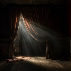 Dramatic sunlight filters through heavy drapery in a grand, historical room, evoking a sense of past narratives
