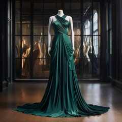 A stunning emerald evening dress displayed on a mannequin in a classic showroom setting